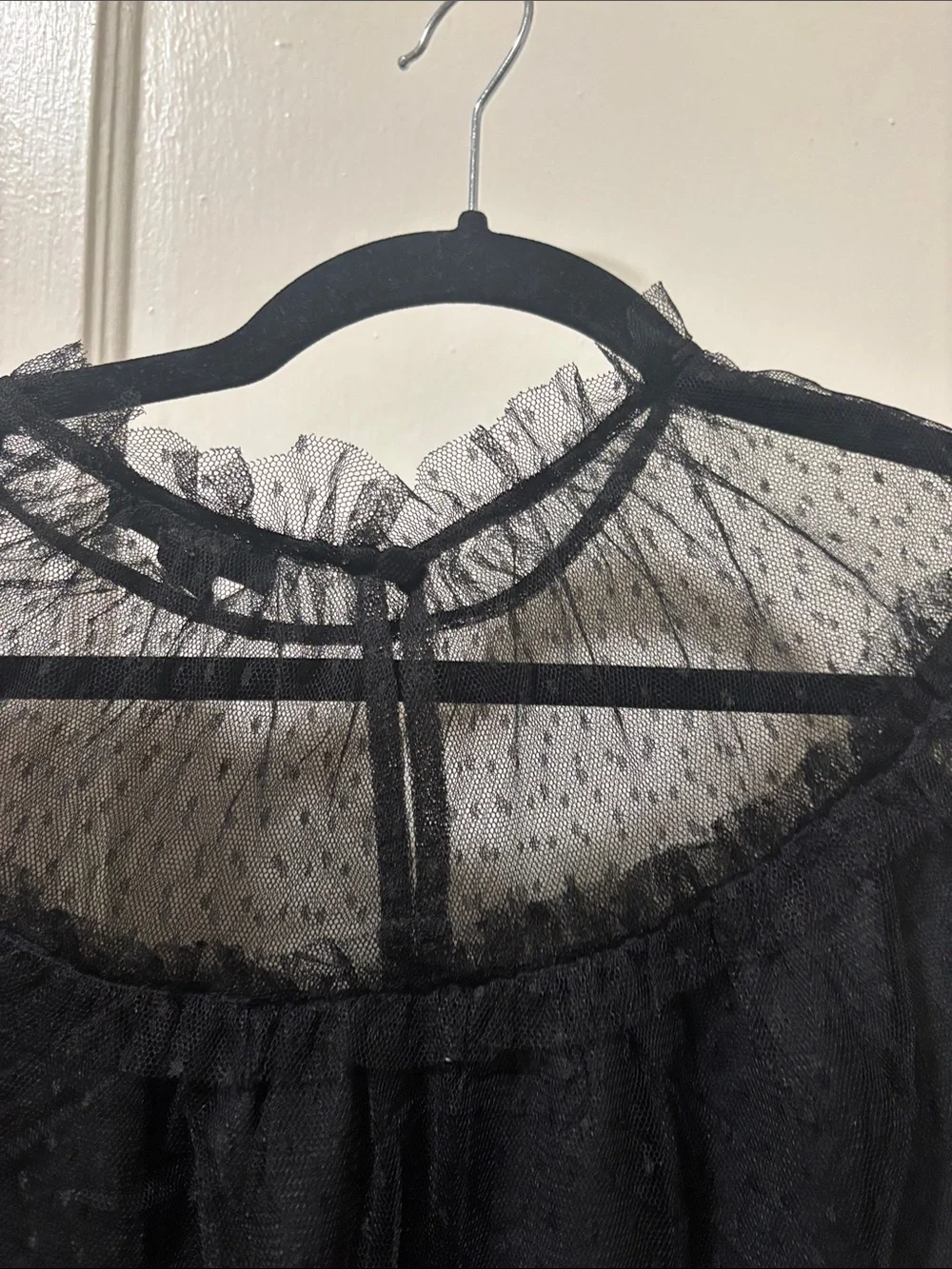Jcrew Black Sheer Dot Mesh Blouse with Ruffle Neckline